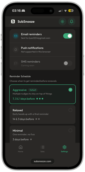 Subscriptions list preview